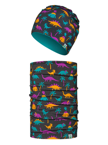 Vrolijke kinderset met muts en nekwarmer Dino's en vulkanen
