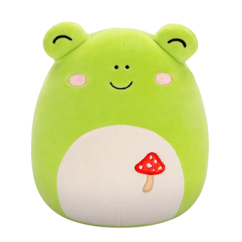 Peluche Squishmallows de 20 cm Wendy la grenouille verte sur laquelle est brodée un champignon