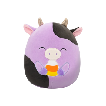 Peluche Squishmallows de 20 cm Alexie la vache violette aux yeux fermés tenant des bonbons au maïs
