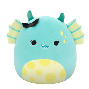 Peluche Squishmallows de 20 cm Dearest le monstre des marais sarcelle au ventre tacheté et portant une épingle à chauve-souris