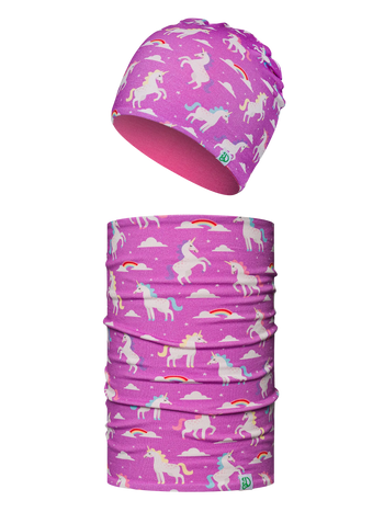 Vrolijke kinderset met muts en nekwarmer Dreaming Unicorn