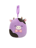 Squishmallows Clip-On Alexie de paars/zwarte koe met strik, 9 cm