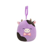 Squishmallows Clip-On Alexie de paars/zwarte koe met strik, 9 cm