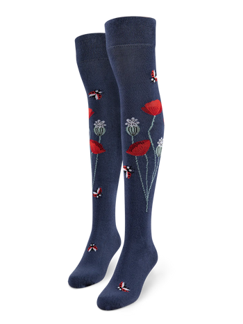 Chaussettes rigolotes hautes au-dessus des genoux Coccinelles et fleurs de pavot