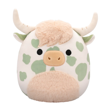 Peluche Squishmallows de 20 cm Celestino la vache des Highlands à taches vert sauge et au ventre duveteux
