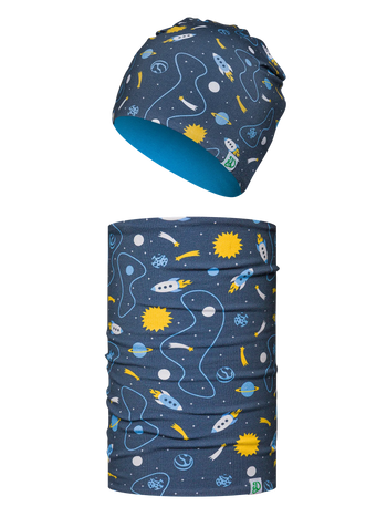 Vrolijke kinderset met muts en nekwarmer Raket & ruimte