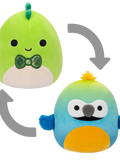Squishmallows 2-in-1 Danny de groene dino/Doop de blauwgele ara, 13 cm